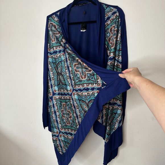 Vertigo Satin High Low Paisley Royal Blue Orange Long Sleeve Drape Cardigan S - Picture 5 of 15